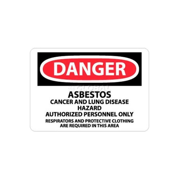NMC OSHA Sign, Danger Asbestos Cancer & Lung Disease Hazard, 10in X 14in, White/Red/Black